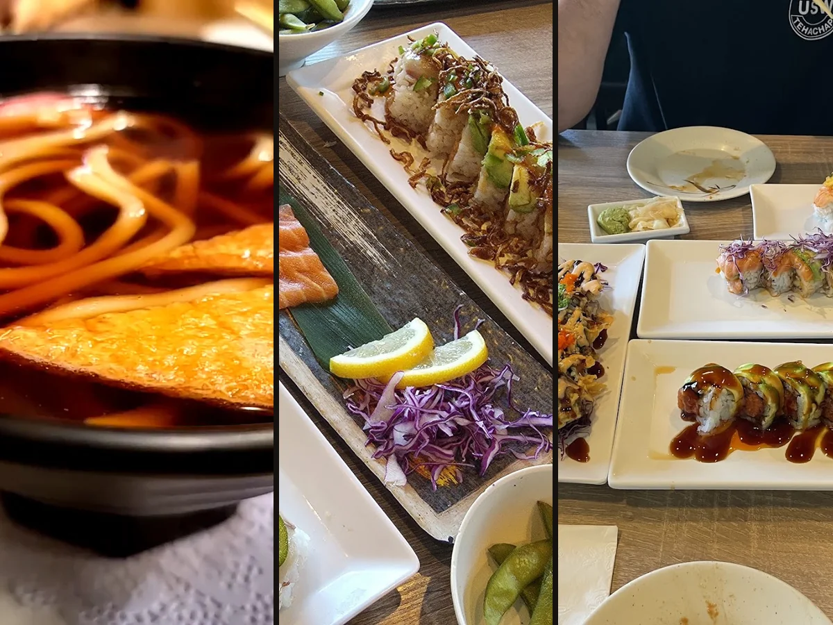 Small plates served beside drinks and sake.