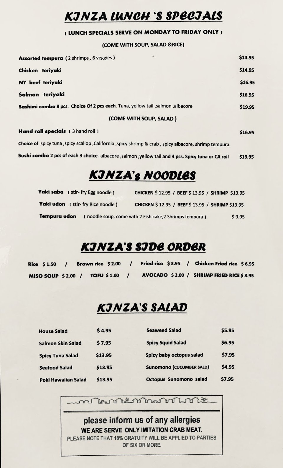 Drink list featuring hot sake and wine.